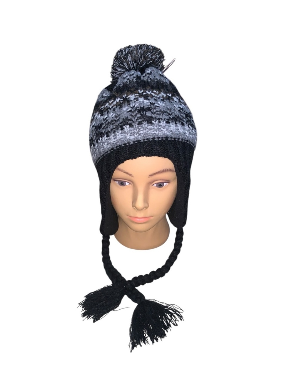 NWT Mountain Warehouse Black & Gray Pom-Pom Earflap Beanie Warped Knit Trapper